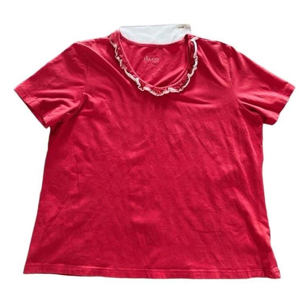 Denim & Company Ruffle Trim T-Shirt Size L Red Short Sleeve Cotton